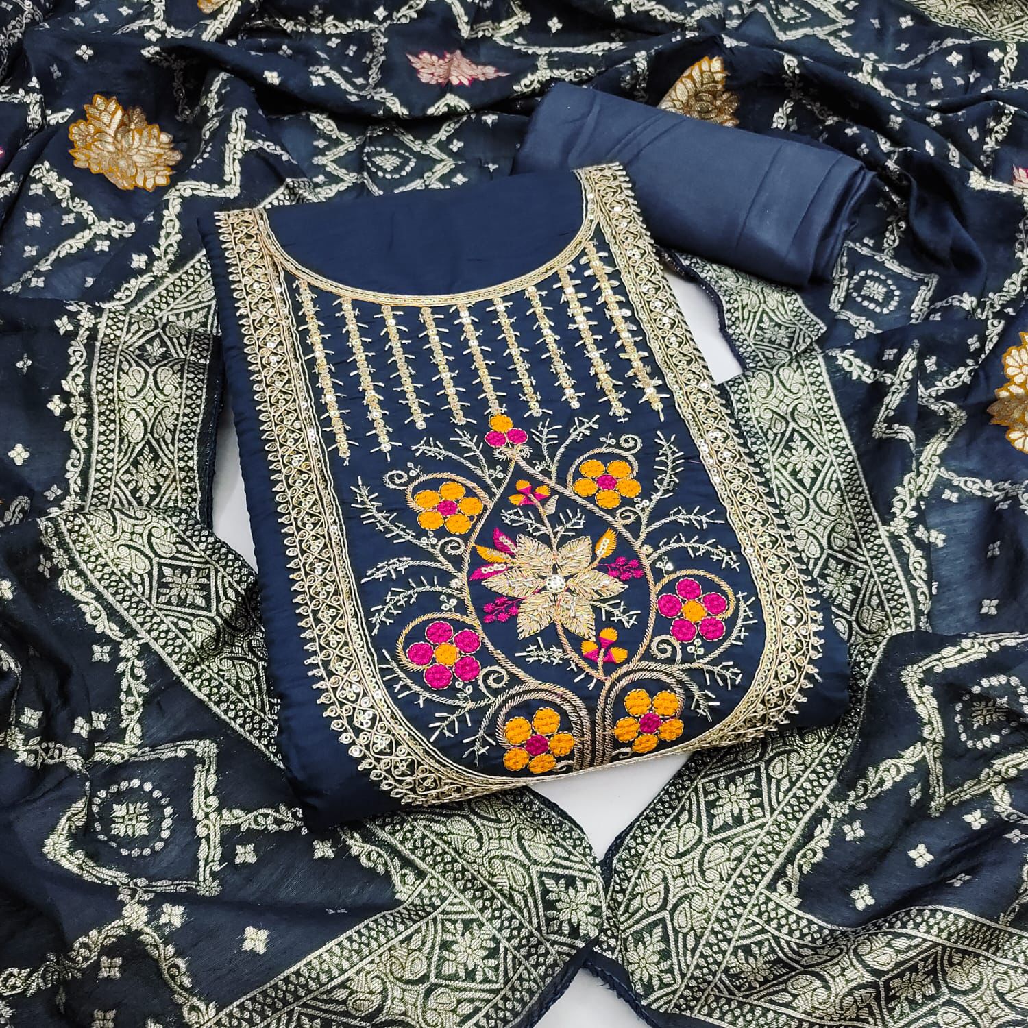 Roman Silk Embroidered Suit Set with Jacquard Dupatta