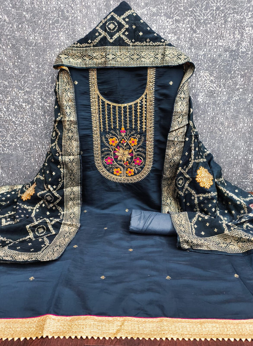 Roman Silk Embroidered Suit Set with Jacquard Dupatta