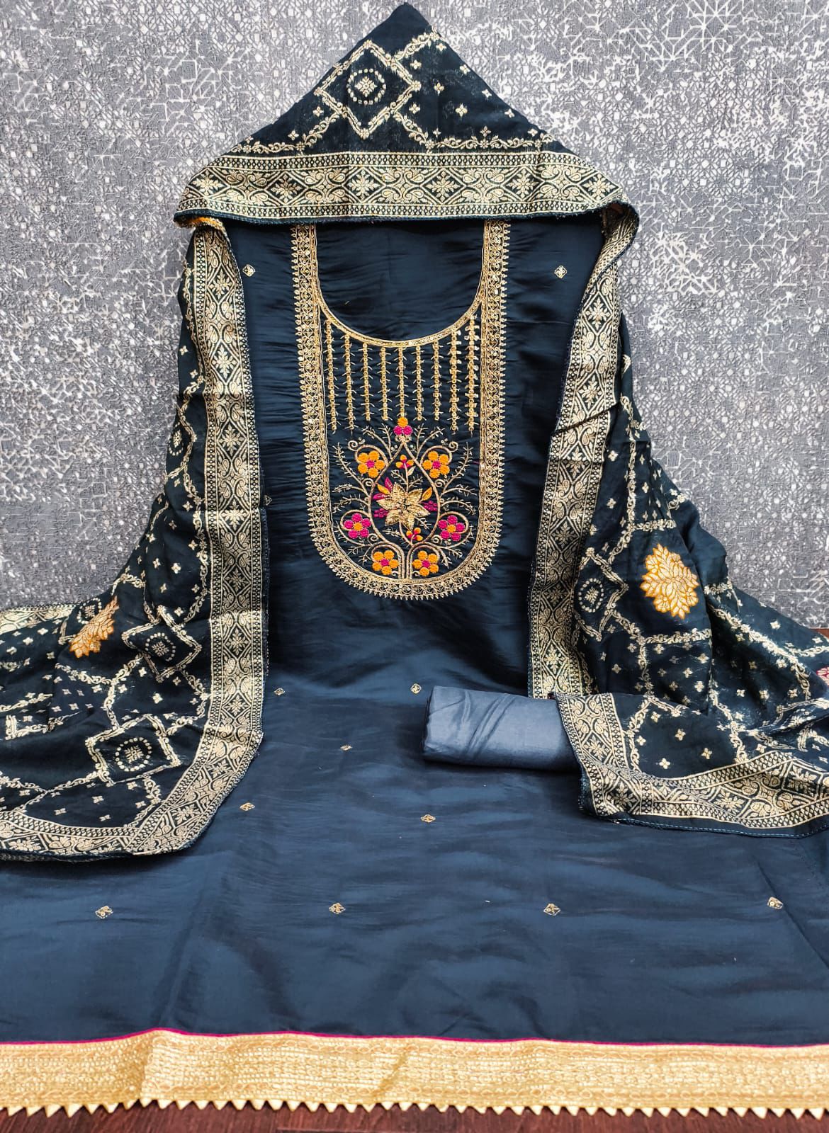 Roman Silk Embroidered Suit Set with Jacquard Dupatta