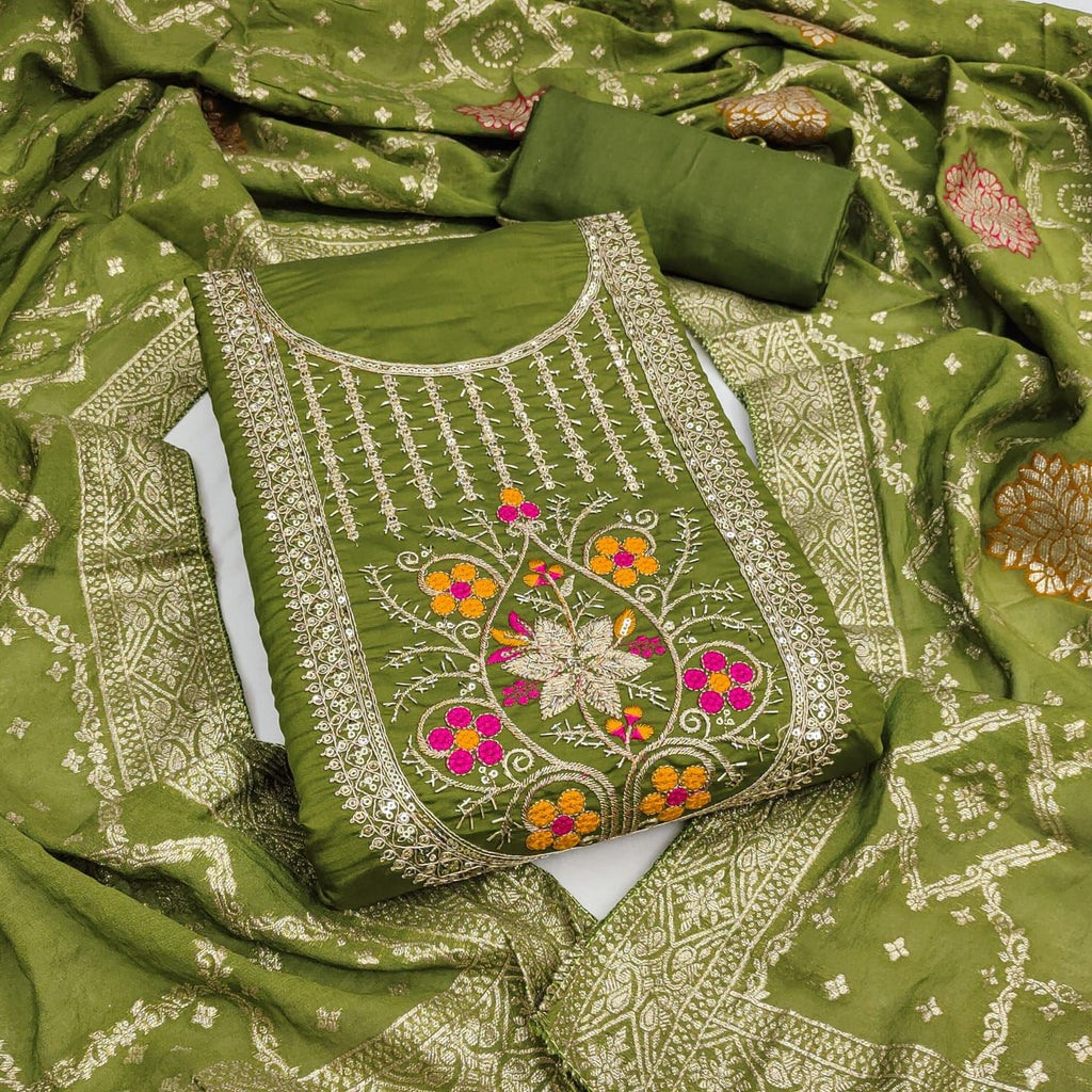 Roman Silk Embroidered Suit Set with Jacquard Dupatta