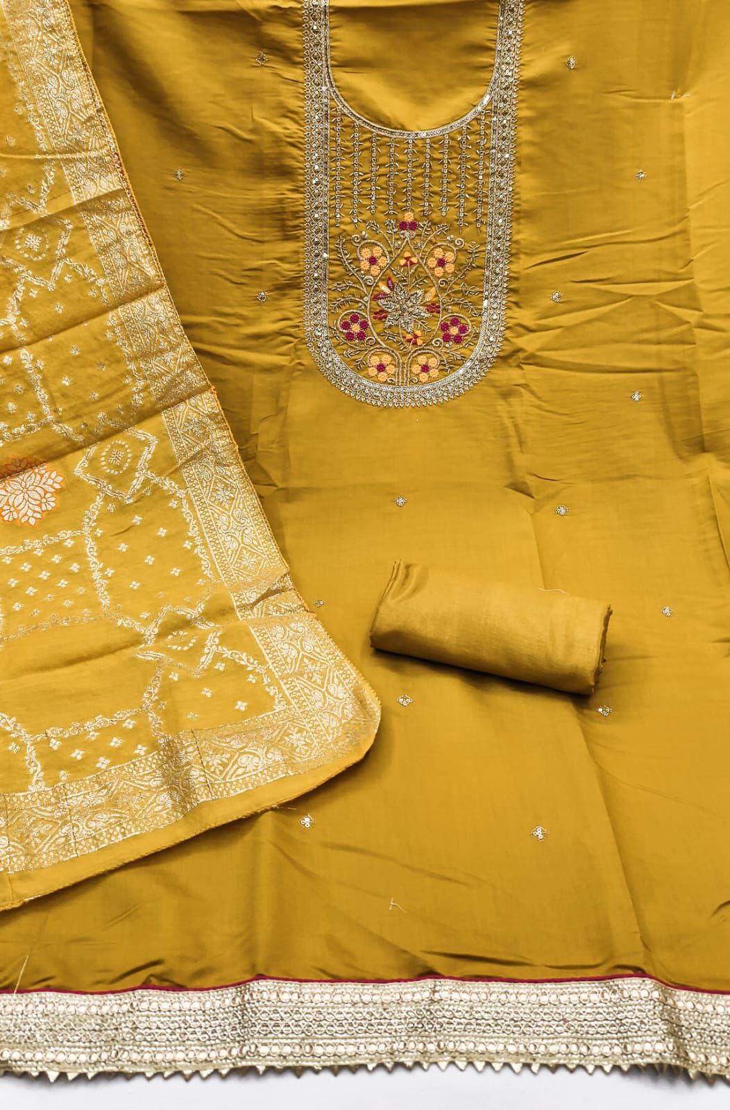 Roman Silk Embroidered Suit Set with Jacquard Dupatta