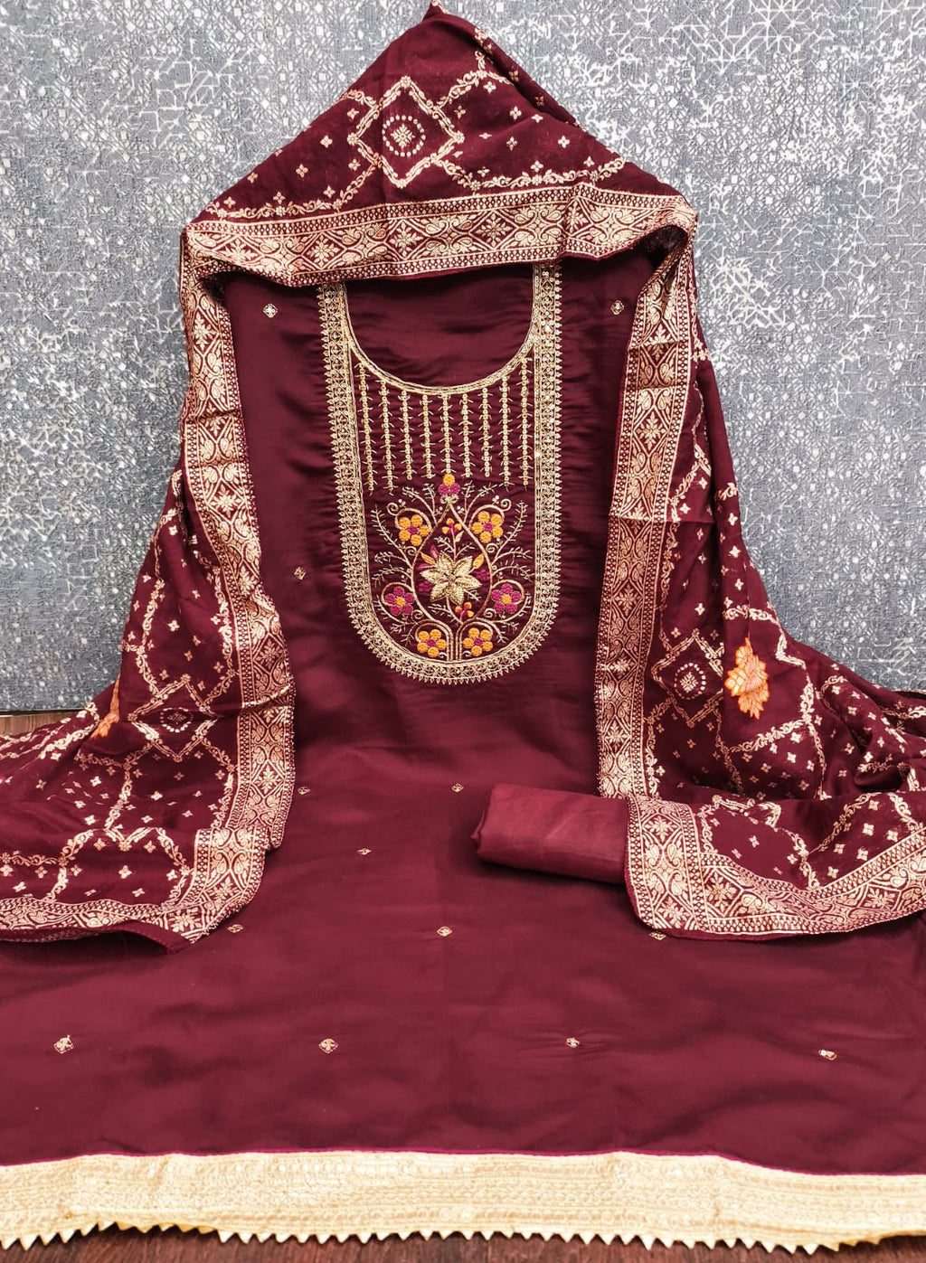 Roman Silk Embroidered Suit Set with Jacquard Dupatta
