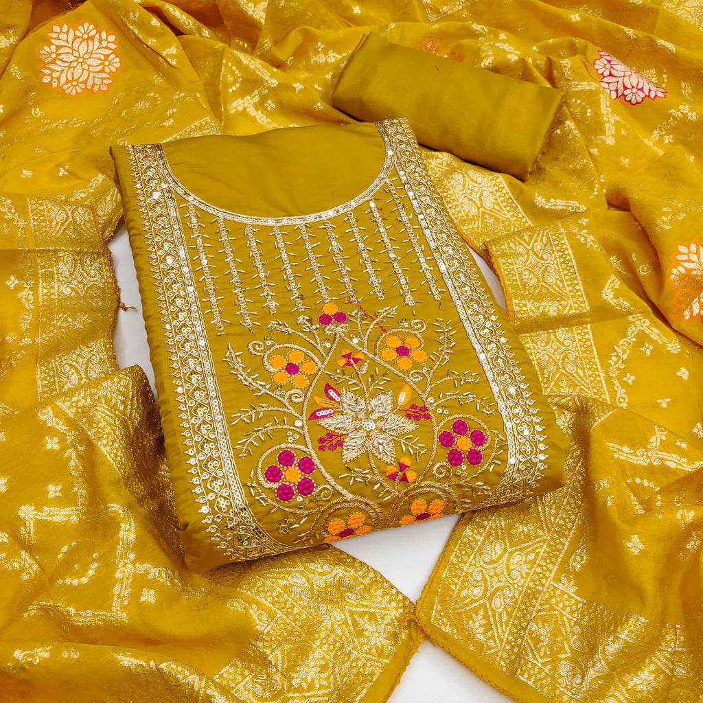 Roman Silk Embroidered Suit Set with Jacquard Dupatta