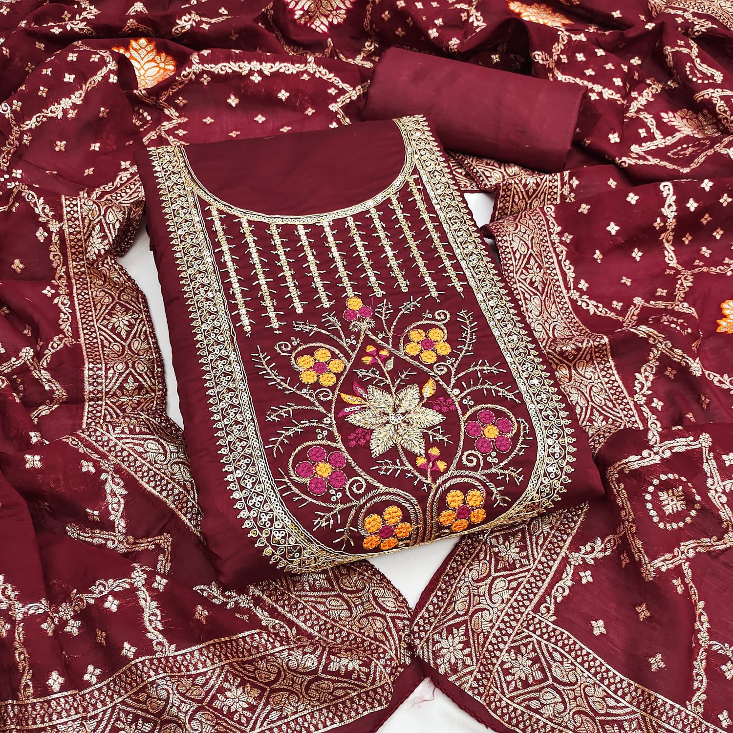 Roman Silk Embroidered Suit Set with Jacquard Dupatta