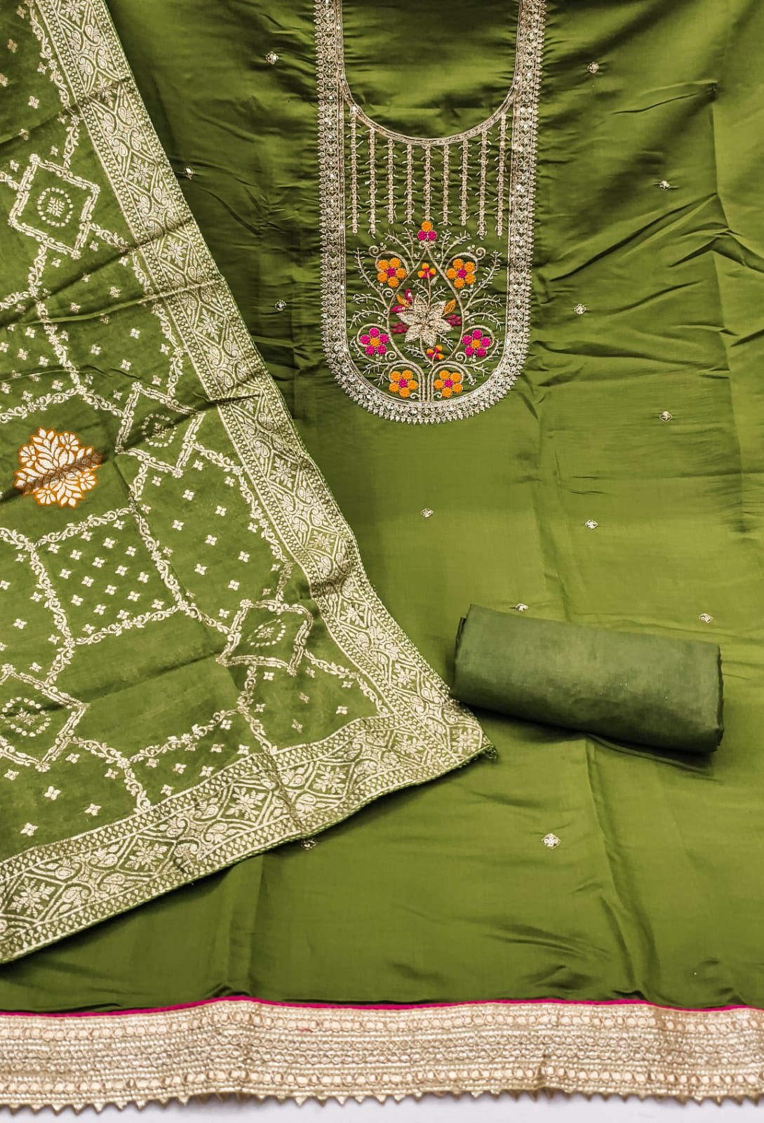 Roman Silk Embroidered Suit Set with Jacquard Dupatta