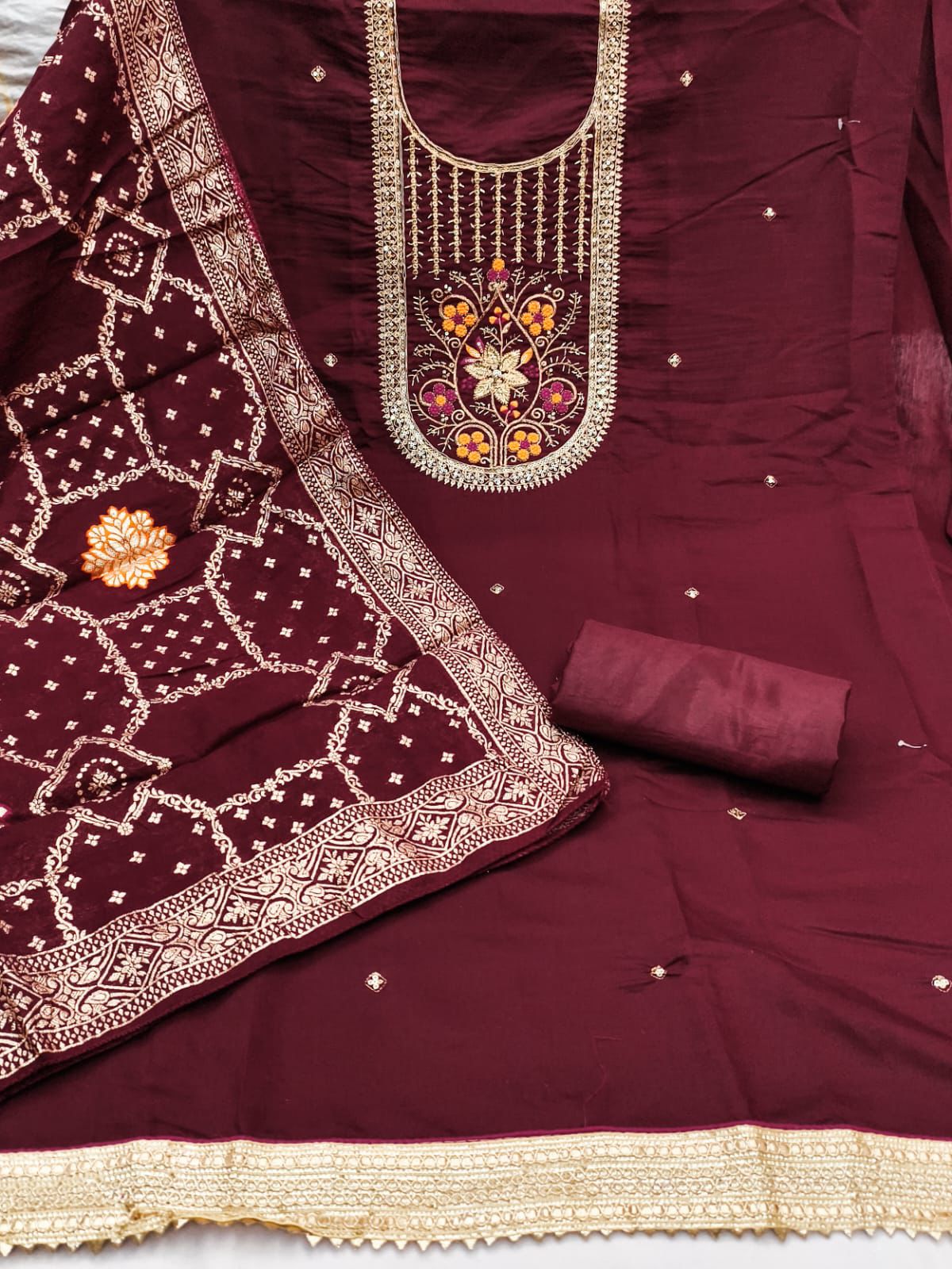 Roman Silk Embroidered Suit Set with Jacquard Dupatta