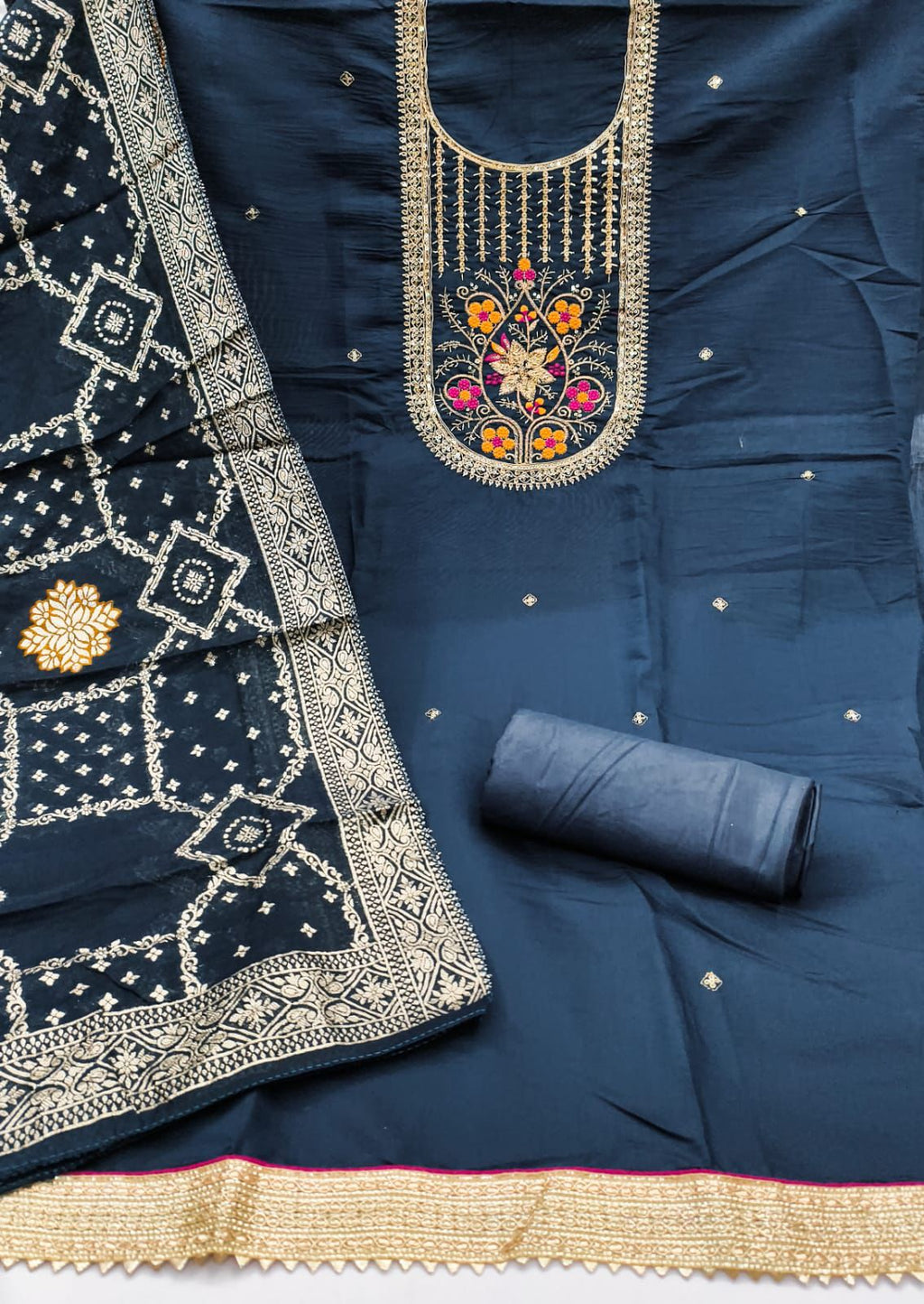 Roman Silk Embroidered Suit Set with Jacquard Dupatta