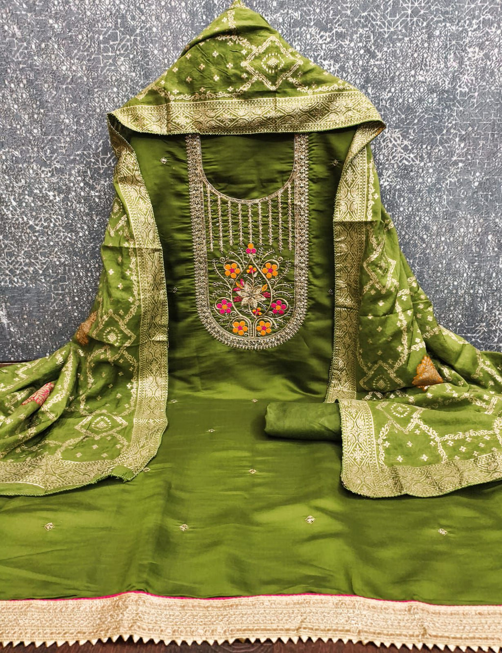 Roman Silk Embroidered Suit Set with Jacquard Dupatta