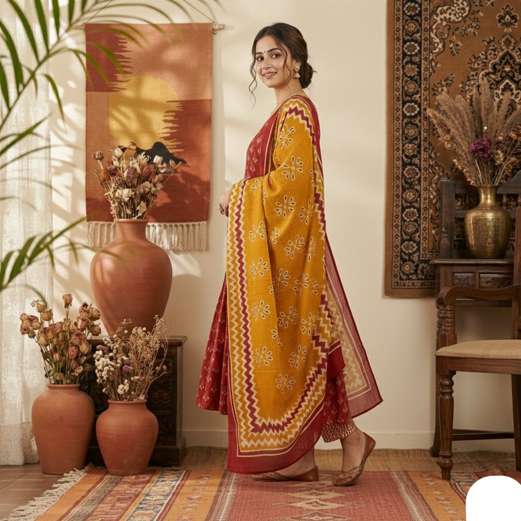 Sanganeri Print Anarkali Kurti Set