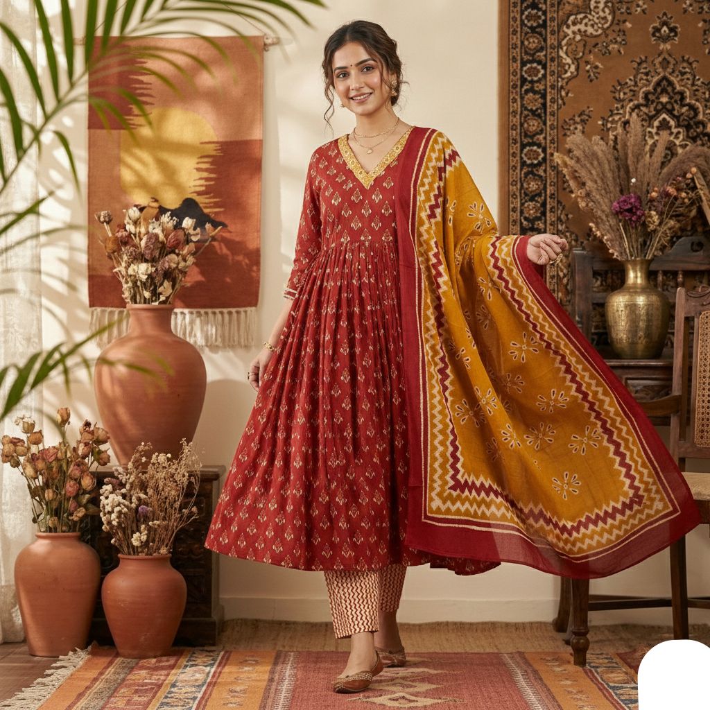 Sanganeri Print Anarkali Kurti Set