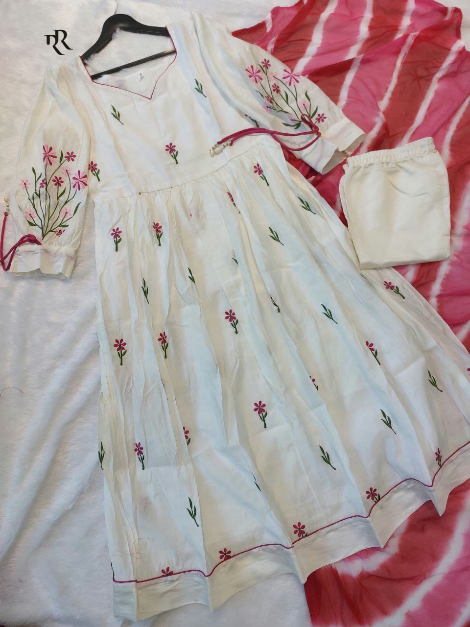 Premium Roman Silk Embroidered Anarkali Suit Set