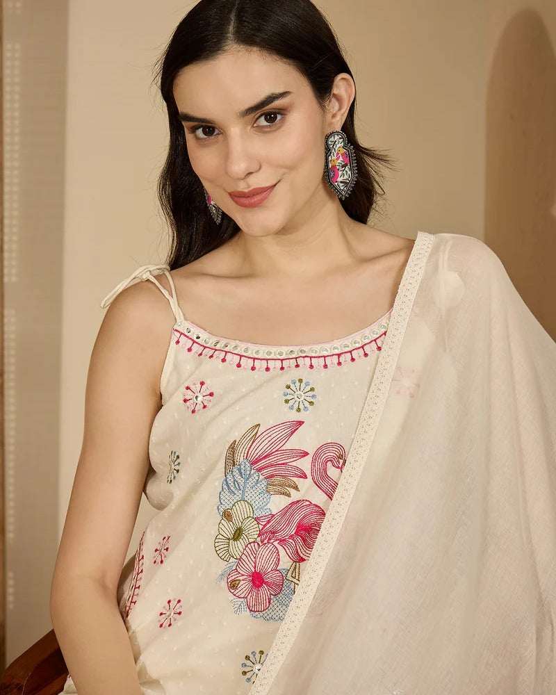 Premium Off-White Cotton Dobby Embroidered 3-Piece Set