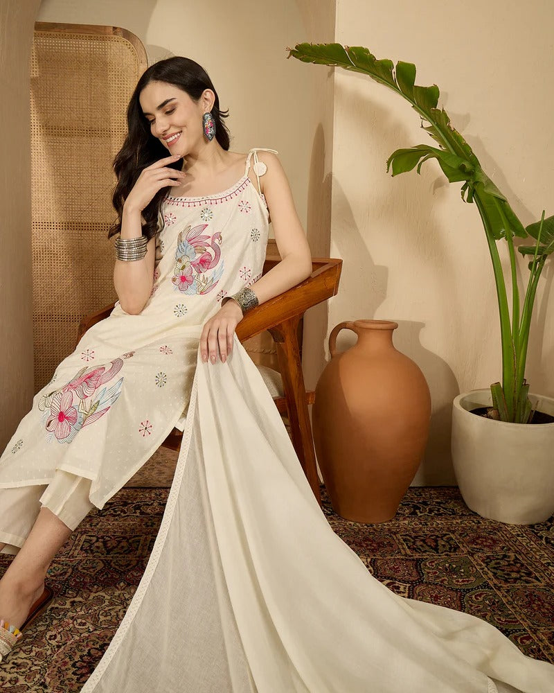 Premium Off-White Cotton Dobby Embroidered 3-Piece Set