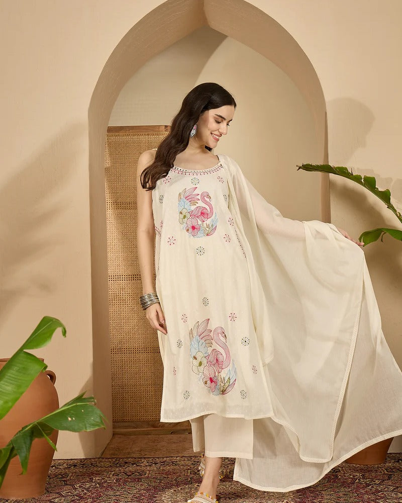 Premium Off-White Cotton Dobby Embroidered 3-Piece Set