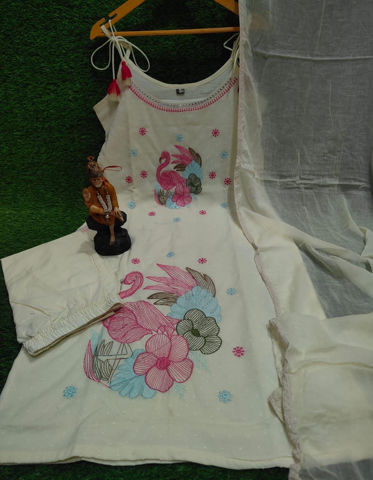 Premium Off-White Cotton Dobby Embroidered 3-Piece Set