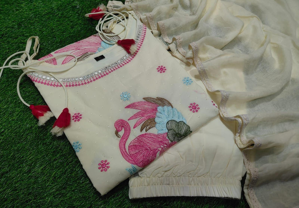 Premium Off-White Cotton Dobby Embroidered 3-Piece Set