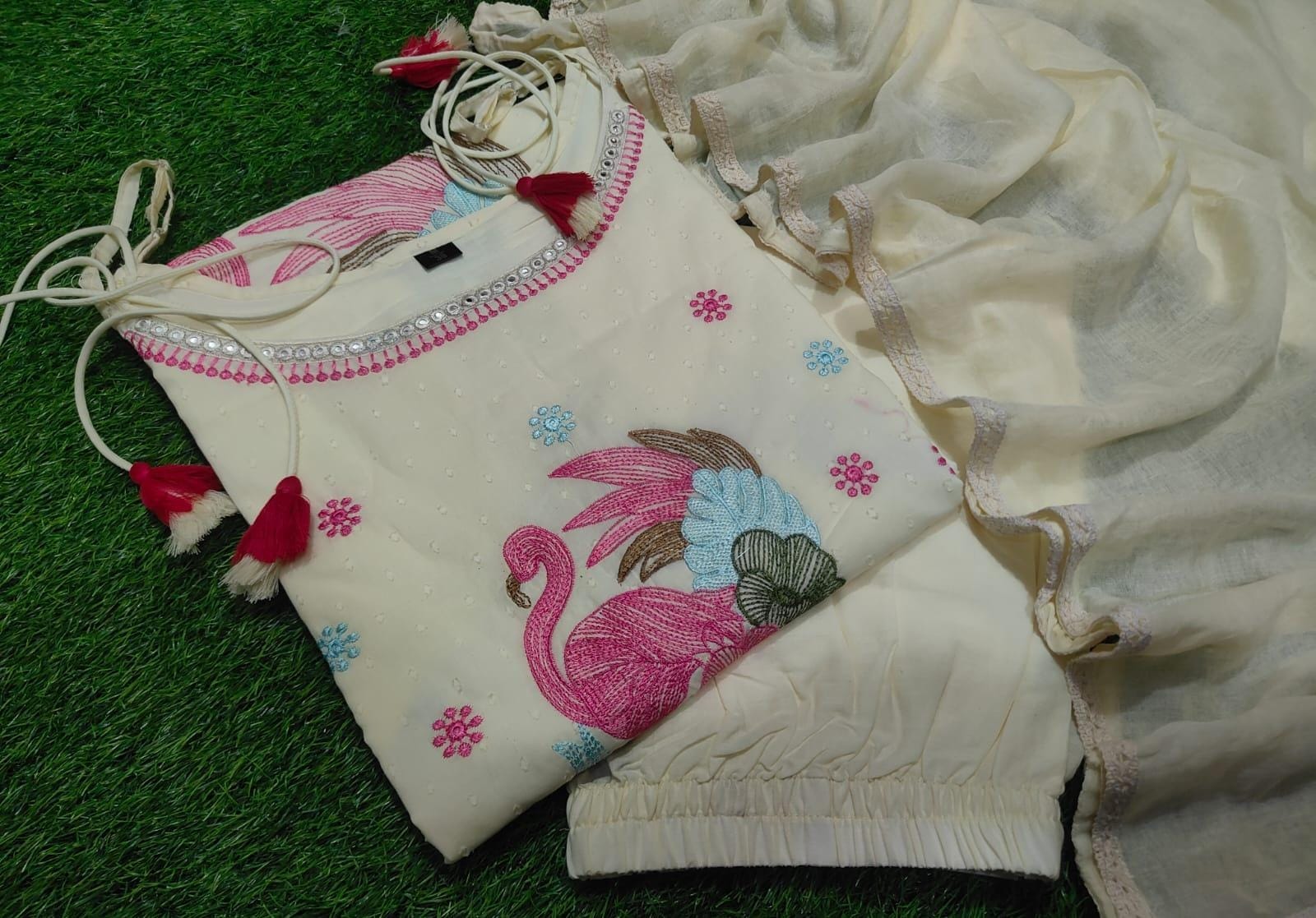Premium Off-White Cotton Dobby Embroidered 3-Piece Set