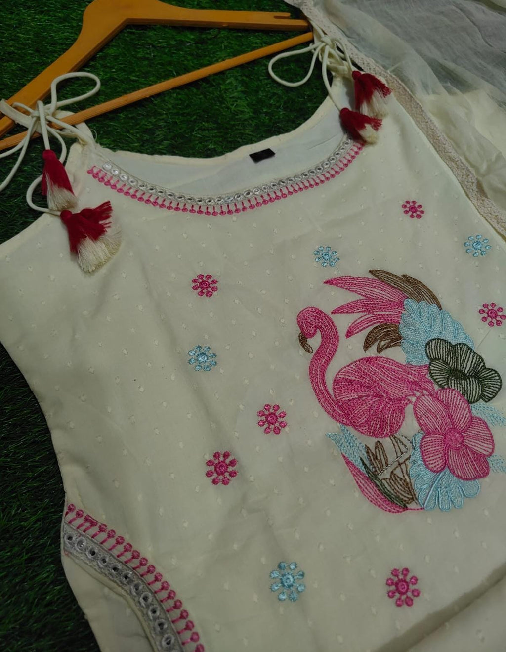 Premium Off-White Cotton Dobby Embroidered 3-Piece Set