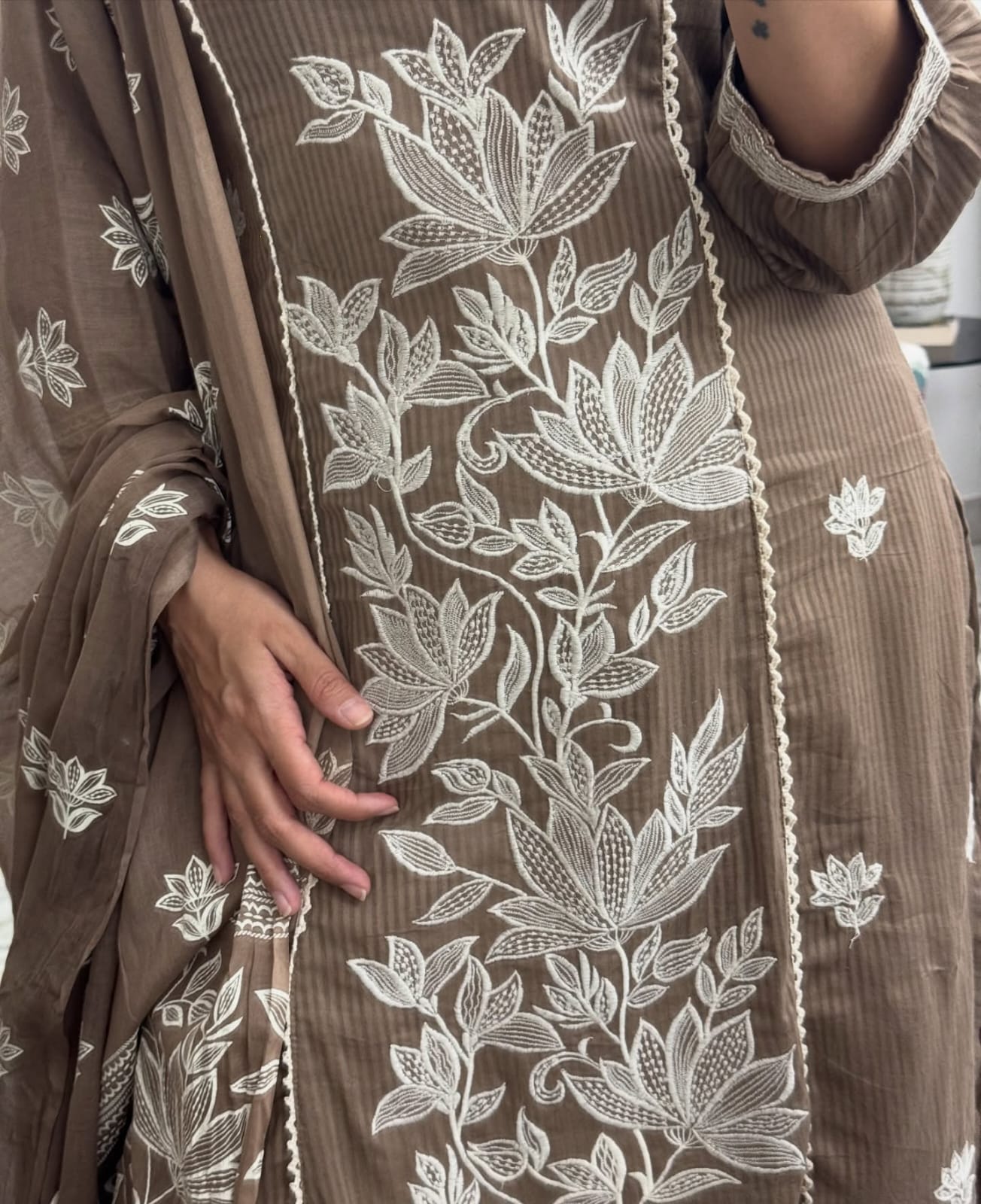 Premium Sili Cotton Full Embroidered A-Line Suit Set with Mulmul Dupatta