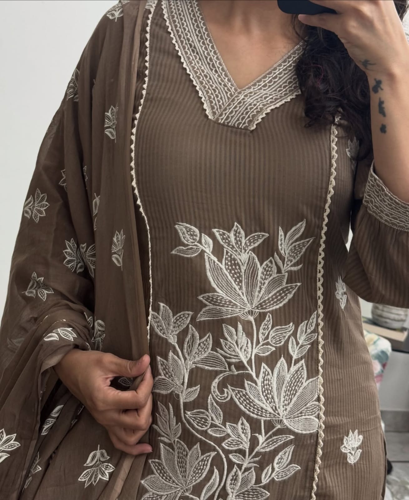 Premium Sili Cotton Full Embroidered A-Line Suit Set with Mulmul Dupatta