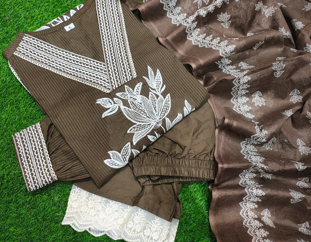 Premium Sili Cotton Full Embroidered A-Line Suit Set with Mulmul Dupatta